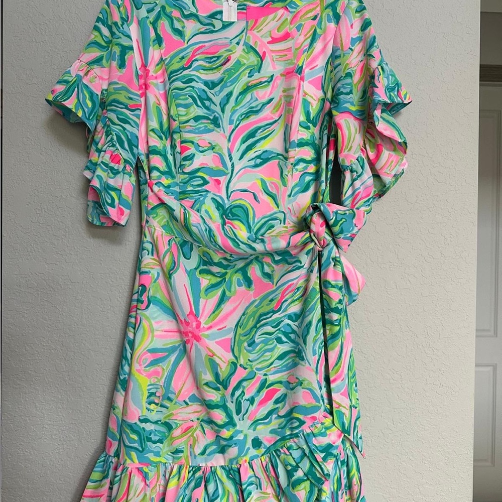 Lilly Pulitzer Pink and Green Flutter Sleeve Wrap Dress